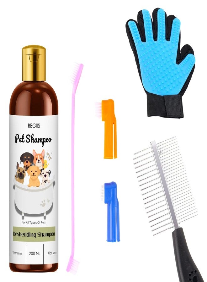 مجموعة العناية بالحيوانات الأليفة مع شامبو لإزالة الشعر الزائد، 200 مل، تتضمن قفازًا للعناية، ومشطًا معدنيًا، وفرشاة أسنان، وأدوات تنظيف الحيوانات الأليفة (عبوة من 4 قطع) - Image 1